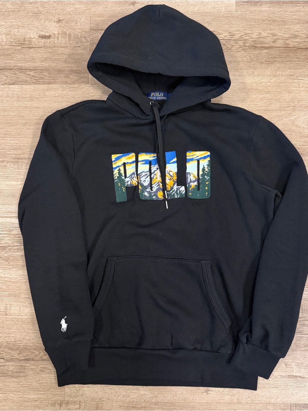 Polo Ralph Lauren Spell Out Scenic Mountain Sportsman Hoodie Black Medium
